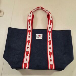 Brighton Love Navy Blue Faux Suede Heart Print Tote Bag Large Shoulder Bag